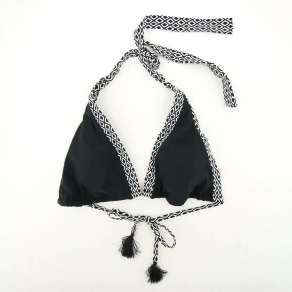 Lands End Black White Pattern Bikini Top Tassel NEW Size Large (14-16) - Picture 1 of 6